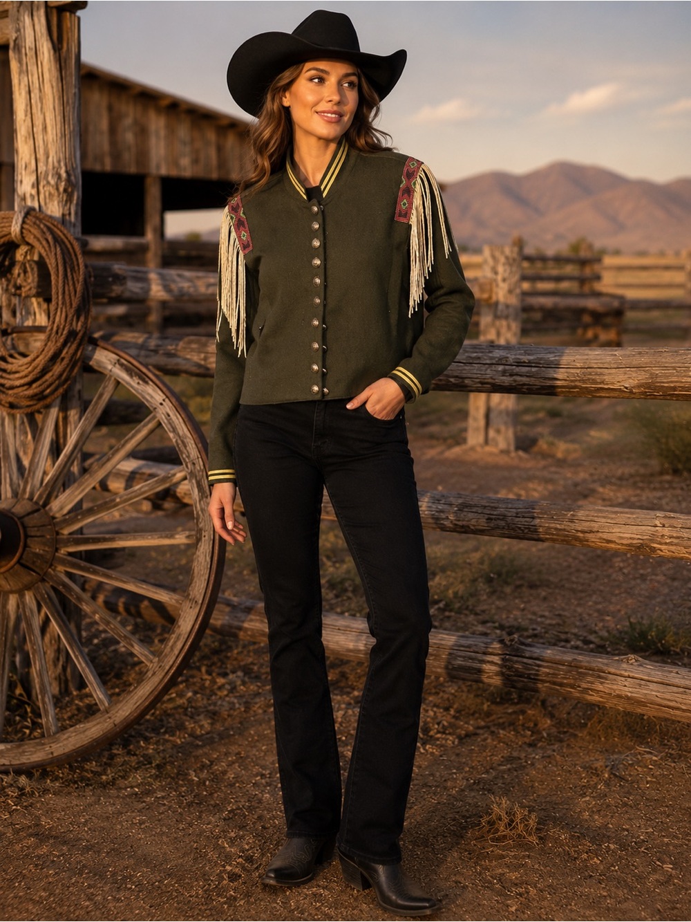 Double D Ranch Olive Fringe Western Bomber Jacket with Black Trim